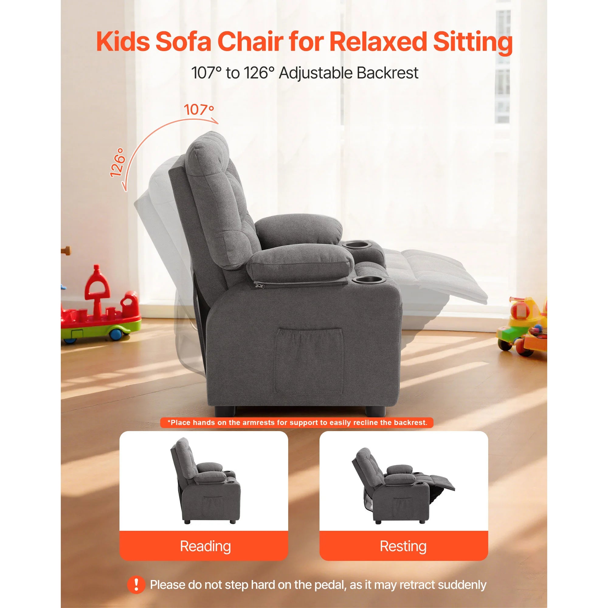SucceBuy Kids Reclining Chair Toddler Recliner with Cup Holders and Pockets 107° to 126° Adjustable Backrest for Boys & Girls