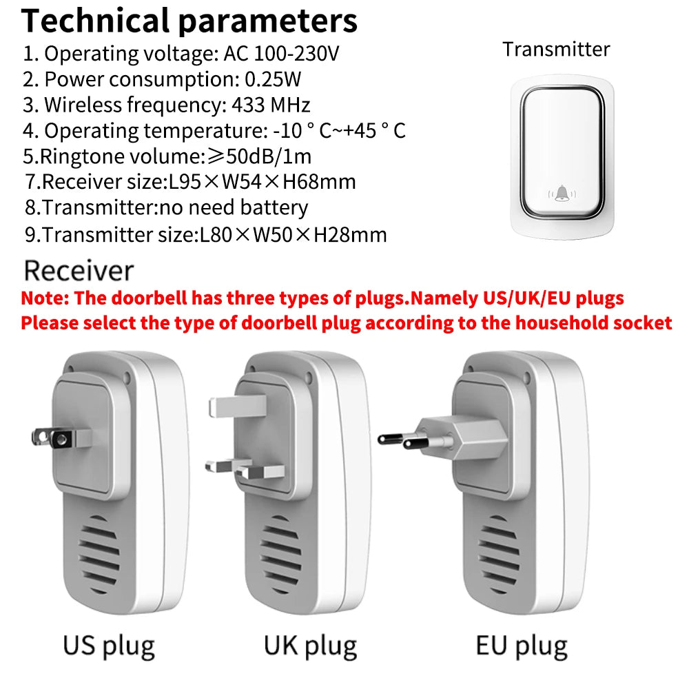 Kit di campanello wireless autoalimentato SIXWGH, 38 suonerie