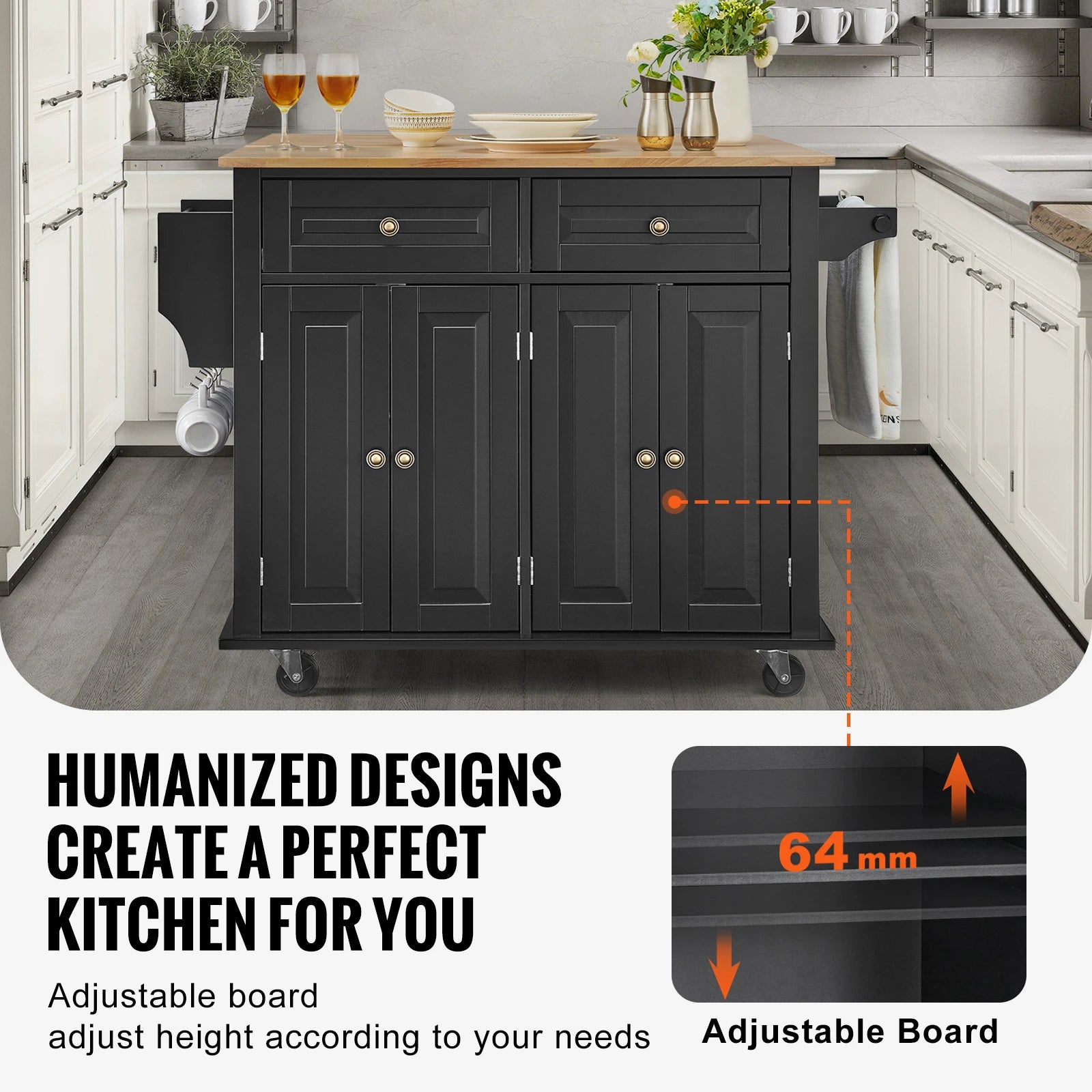SucceBuy 43" Kitchen Island Cart Wood Top Mobile Carts with Storage Cabinet Rolling Table with Leaf Spice Rack Towel Bar Black