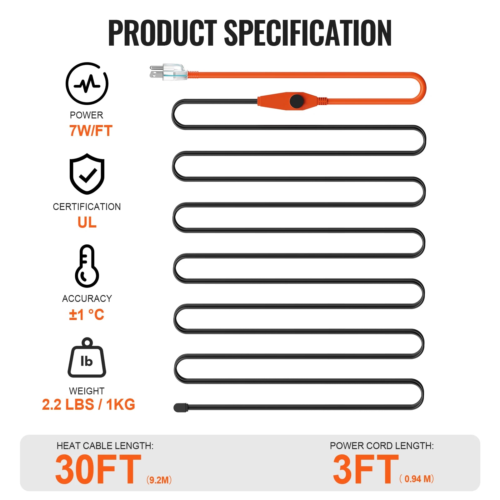Cable calefactor para tuberías con cinta térmica para protección contra congelación (6FT–30FT)