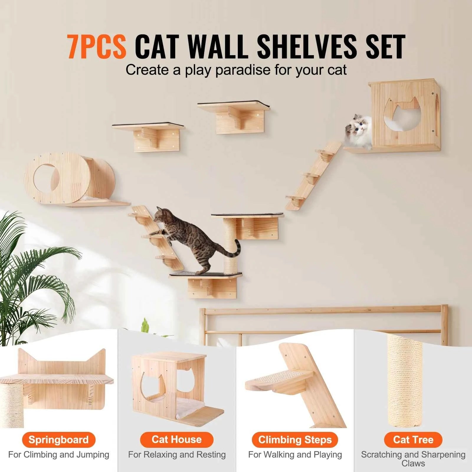 Wall Mounted Cat Shelves with Jumping Boards, Hammocks and Cat Tree