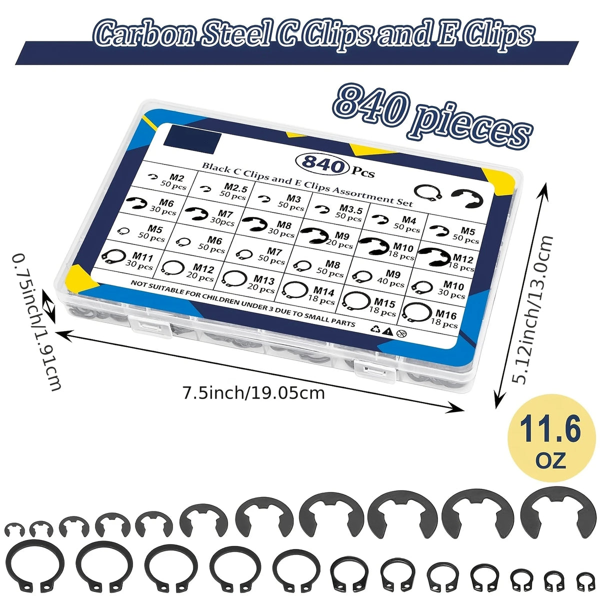 C-Clip and E-Clip Retaining Ring Assortment, 840 Pieces