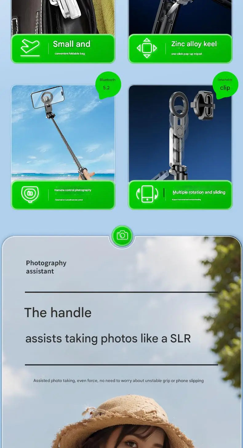 Upgraded Multi-Function Foldable Magnetic Phone Holder Selfie Stick, DSLR-Style Rotation Tripod Portable Remote ControlUpgraded 