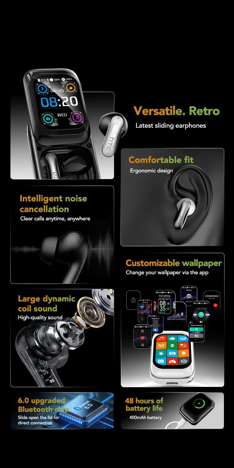 Sliding Cover Bluetooth Wireless Earbuds with ANC and AI Translation