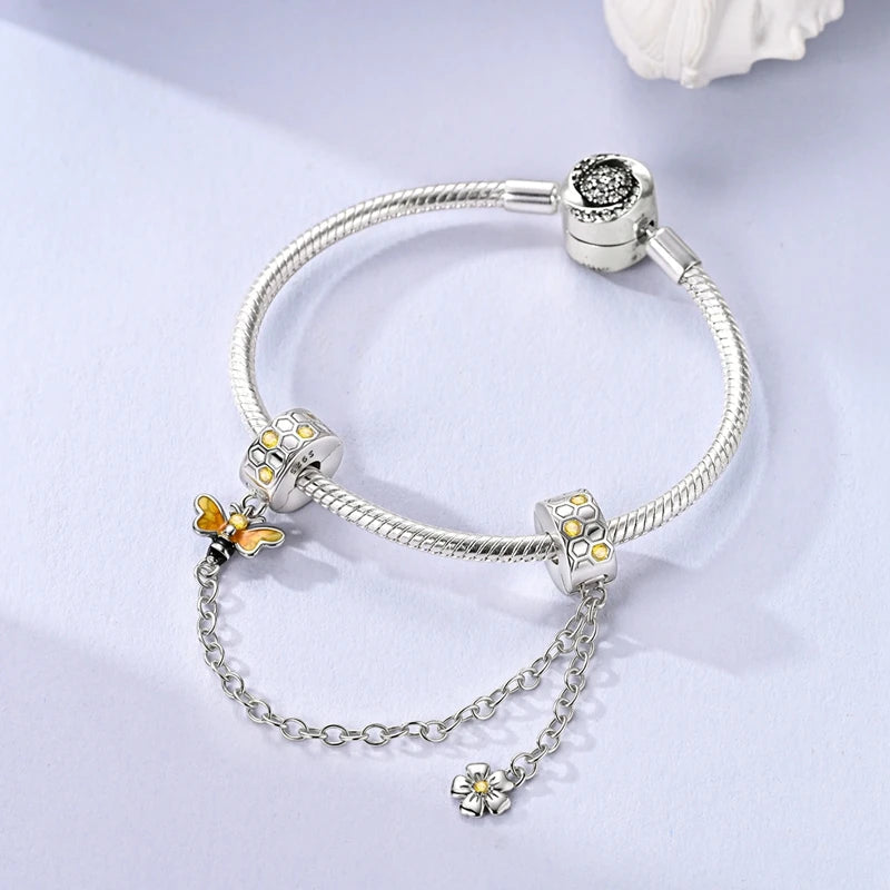 925 Sterling Silver Safety Chain Aircraft Earth Camera Daisy Silicone Charms Beads Fit Original Bracelets DIY Jewelry For Women 