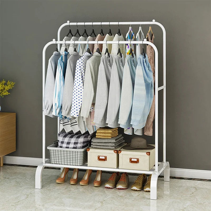 Double Rail Standing Clothes Rack with Storage Shelves