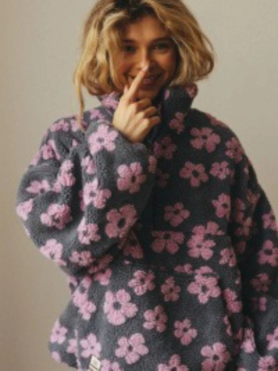 Dames Floral Sherpa Halve Rits Trui – Comfortabele Loszittende Sweater