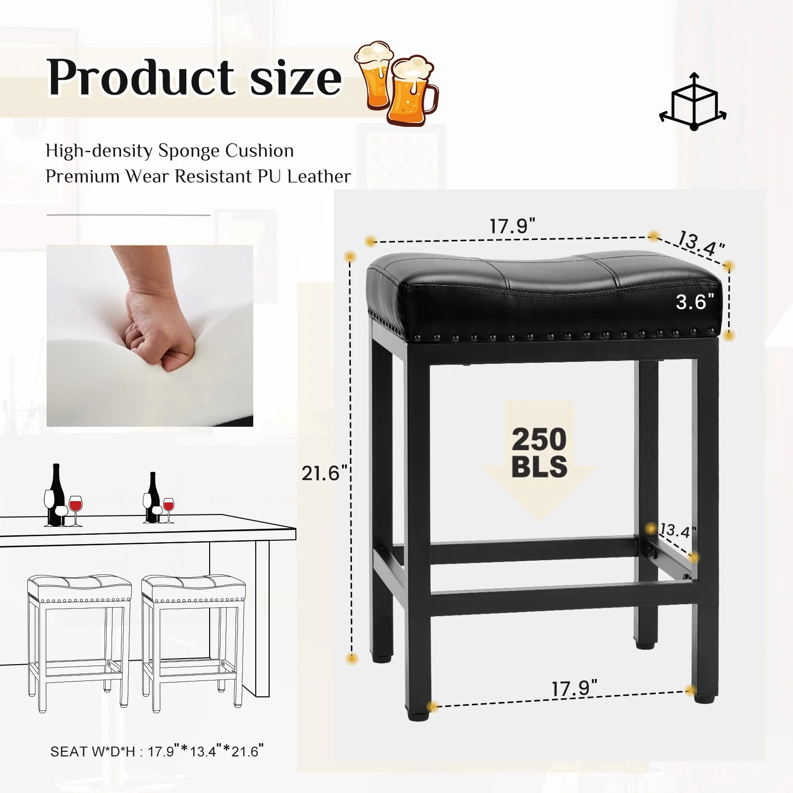 Adjustable PU Leather Saddle Bar Stools with Metal Base