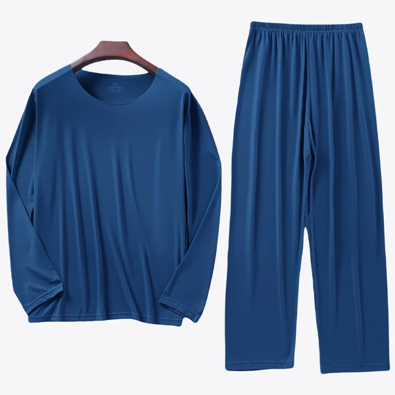 Men's Ice Silk Pyjama Set with Long Sleeve Top and Elastic Waist
