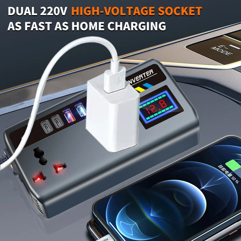 DC 12V/24V to AC 220V 200W Car Inverter PD+QC3.0 Dual Type C+4 USB Ports Phone Charger Cigarette Lighter Power Adapter 9 In 1