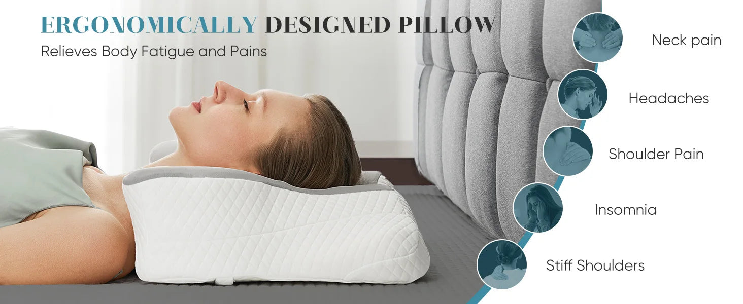 JHK Ergonomic Queen Size Cervical Contour Pillows For Neck 1 Pack Pain Relief Memory Foam Bed Pillow with Cooling Pillowcase
