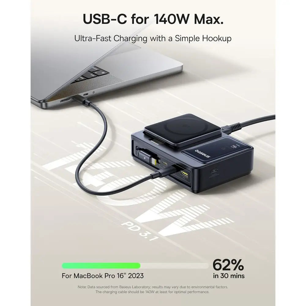 5v1 nabíjecí stanice 140W s Qi2 magnetickým bezdrátovým nabíjením a zatahovacím kabelem