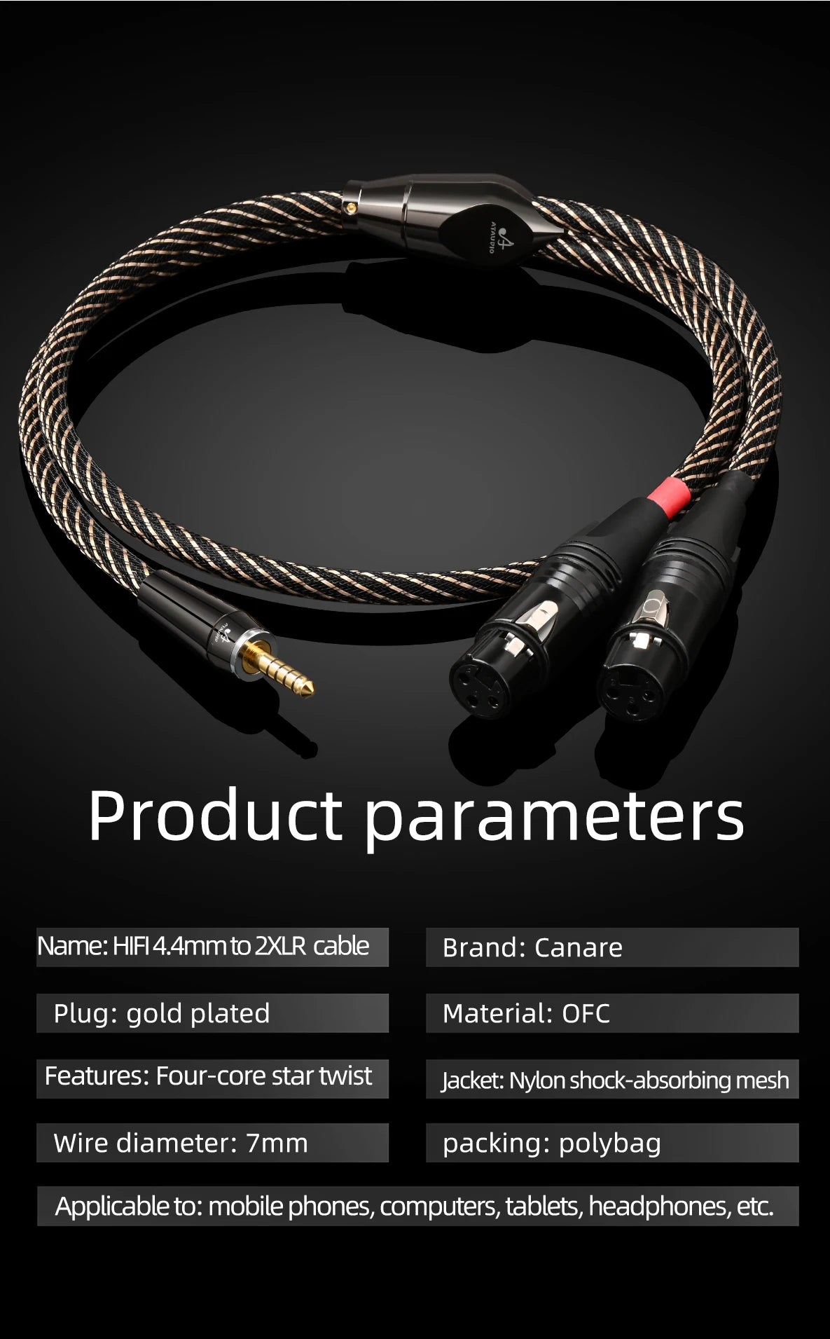 Câble équilibré 4,4 mm vers double XLR pour audio HiFi et usage studio