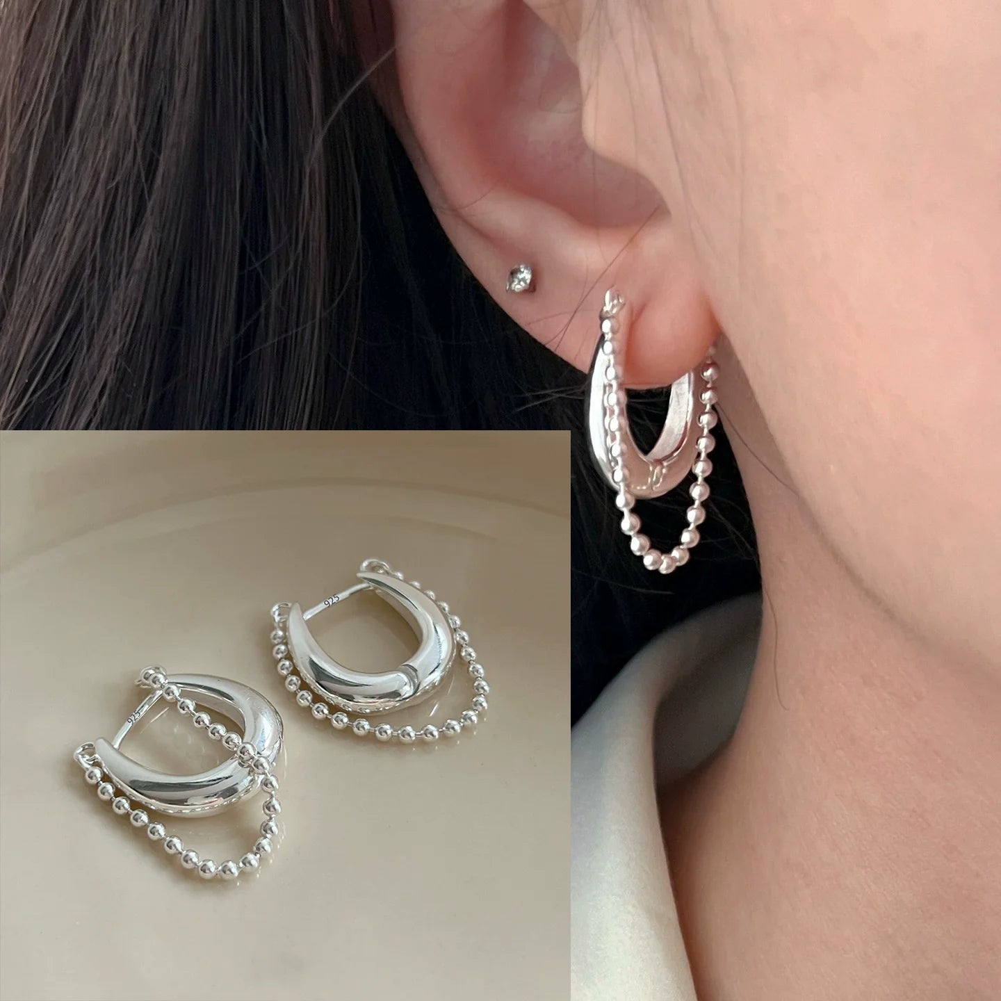 925 Sterling Silver CZ Star Moon Asymmetric Hoop Earrings