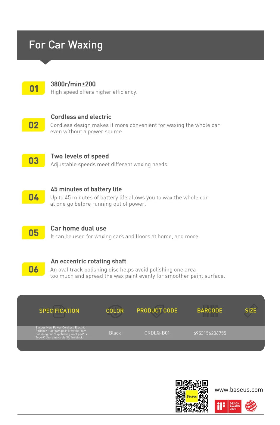 Baseus Car Polisher Machine Wireless Electric Polishing Wax Tool Adjustable Speed Cordless Auto Polish Waxing Machine 