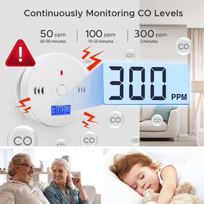 Carbon Monoxide Detector Alarm New Photoelectric Sensor 85dB Sound Warning LCD Digital Display Home Indoor CO Poisoning Siren 
