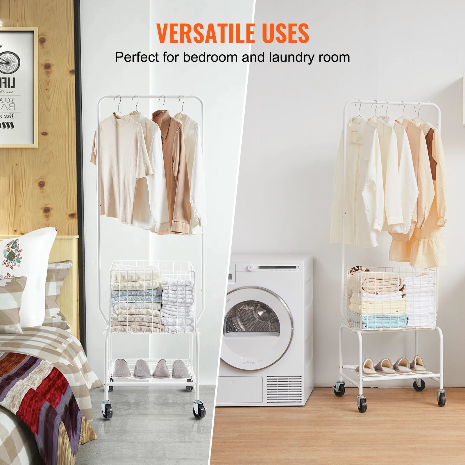 Height Adjustment Laundry Hamper Cart with Basket and Shelf Storage Organizer with Lockable Wheels