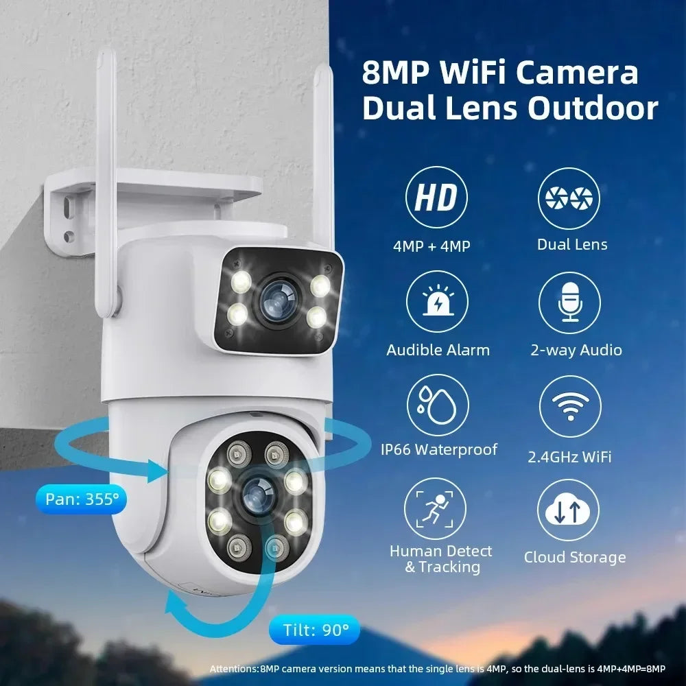 Telecamera di sicurezza PTZ WiFi a doppia lente 8MP con tracciamento automatico