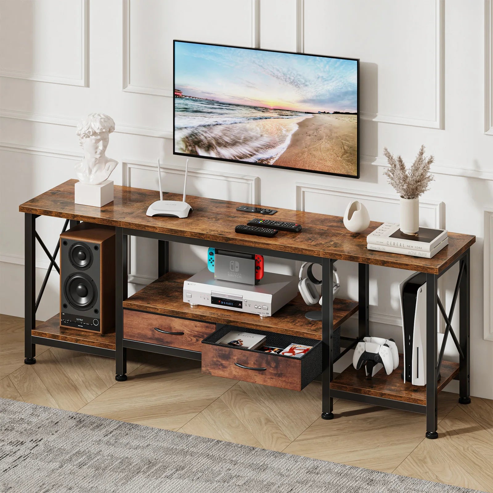 Wooden TV Stand with Charging Station for Up to 75 Inch TVs
