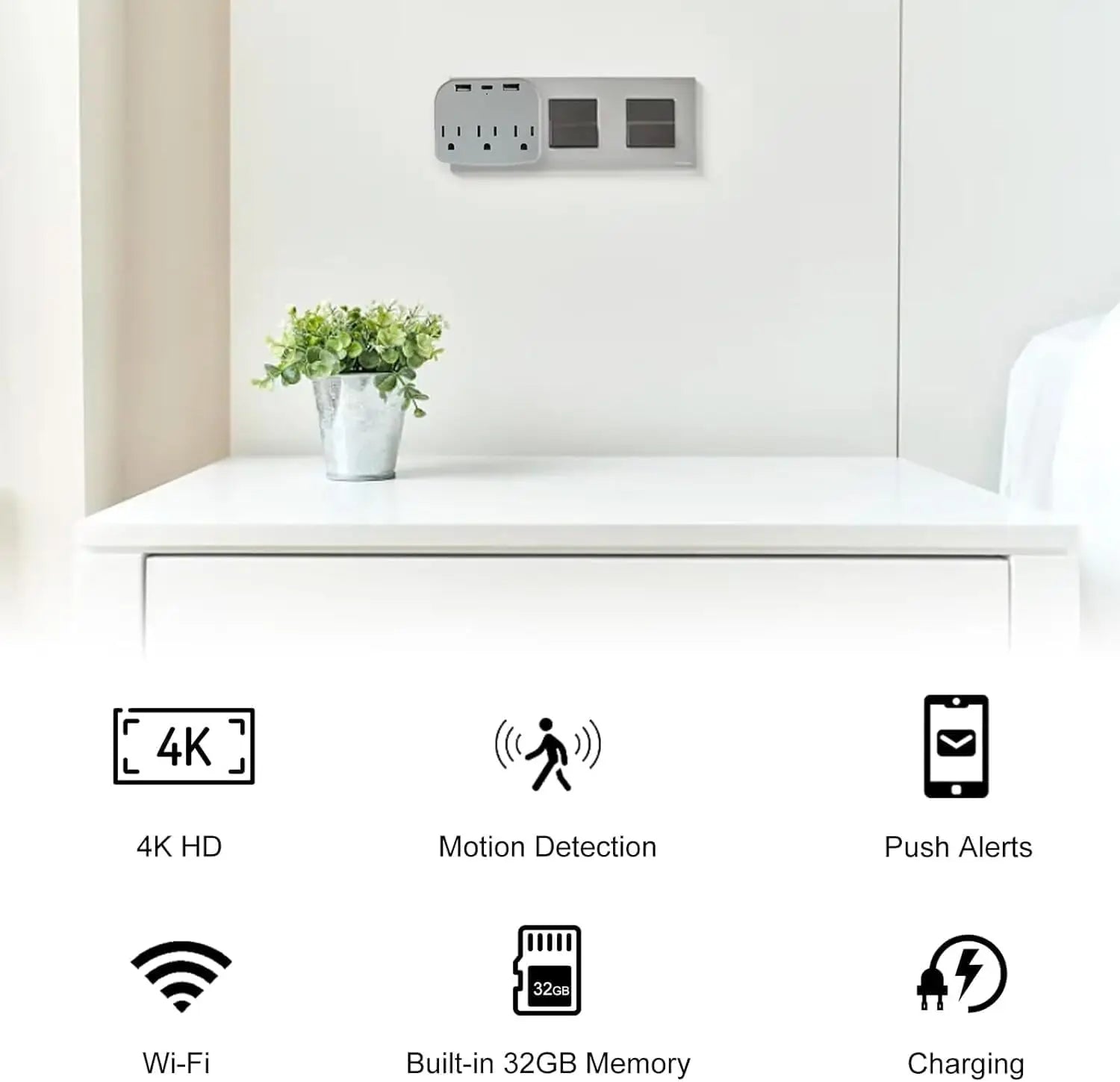 Caméra d’intérieur 4K HD Chargeur mural Caméras de sécurité - caméra Wi-Fi avec alertes de mouvement, compression H.265+, ports USB double / Type-C pour H