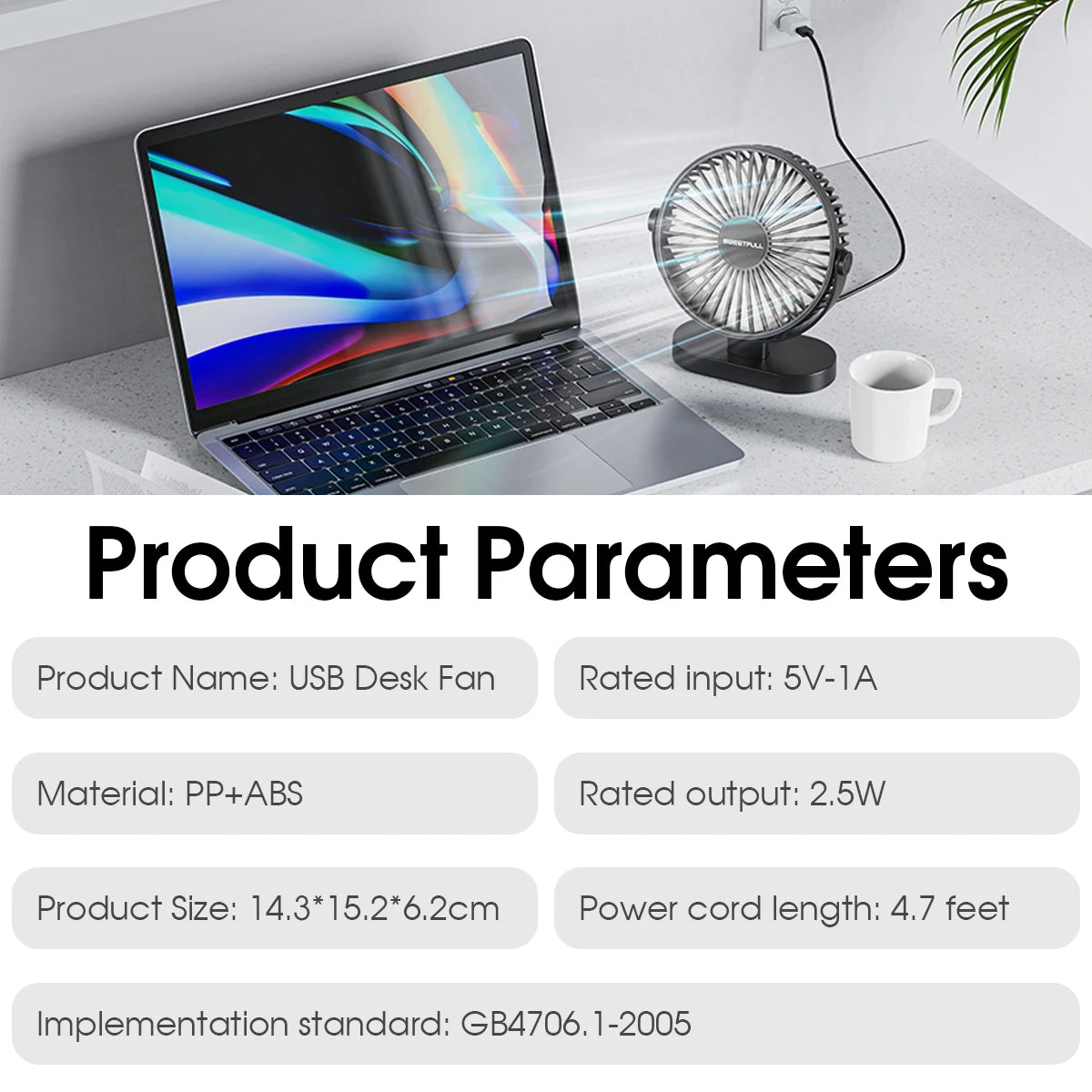 USB Desktop Wall Mounted Mini Fan, 3-Speed Quiet Cooling Fan