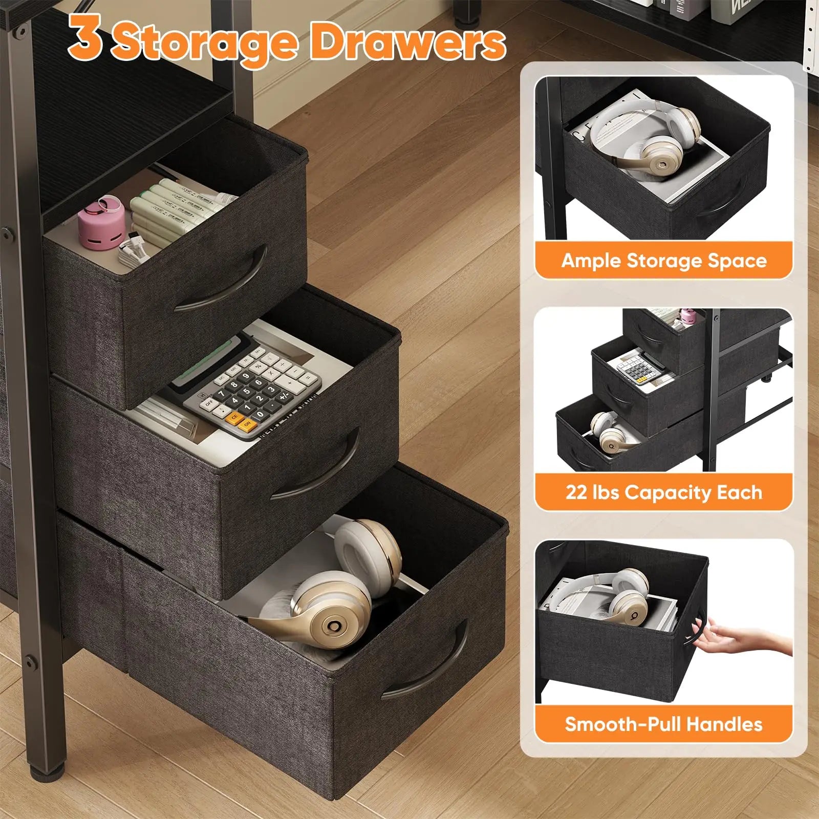 55 Inch L-Shaped Desk with Drawers, Shelves & Built-In Power Outlet