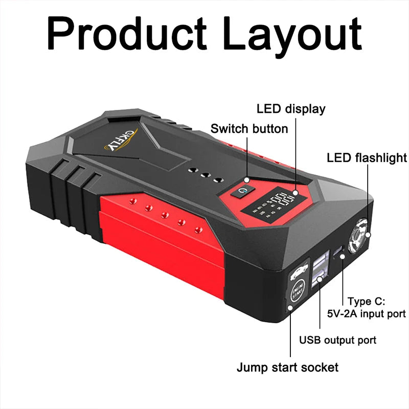 GKFLY 800A 1200A 2000A Car Jump Starter Big Power Bank Car Battery Booster 12V Car Starting Device for Petrol  6.0L Diesel 4.0L