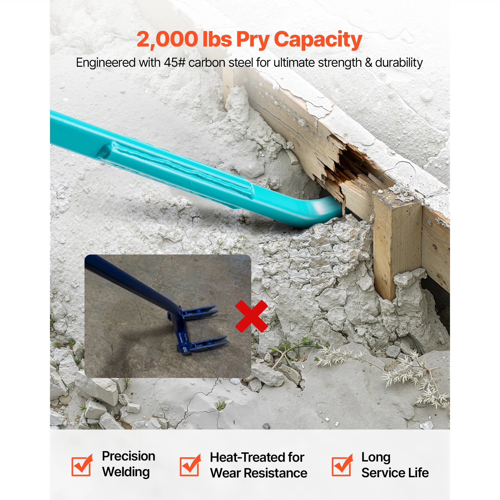 Prylever bar en acier au carbone de 56 pouces avec poignée SucceBuy, barre de levage au sol 2000 lbs, démolition de béton, usage industriel, outil de démolition de fer à cheval