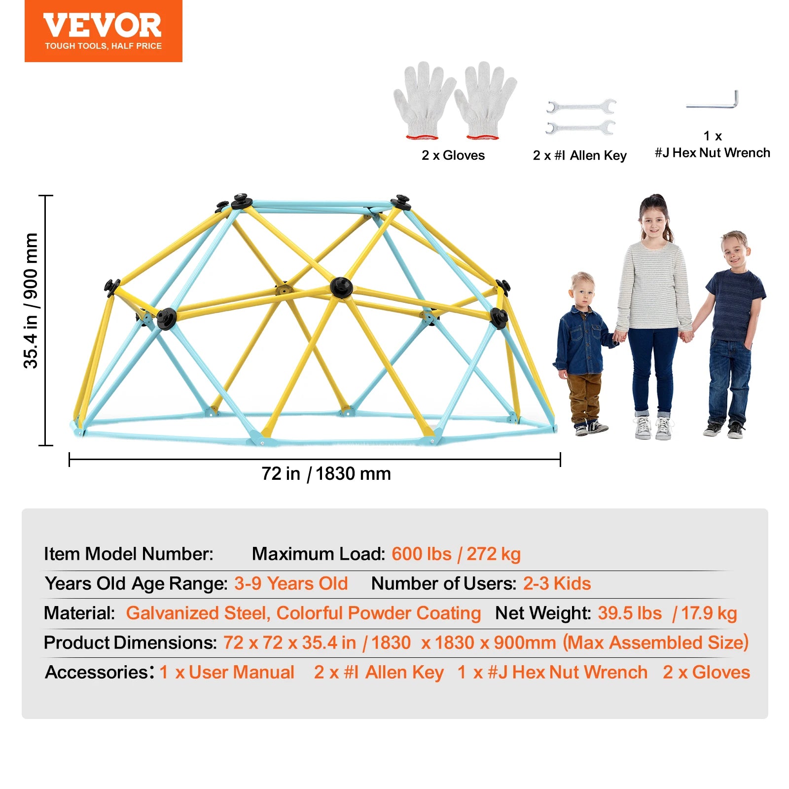 Kids Climbing Dome Jungle Gym with Swing & Hammock (6–12FT)