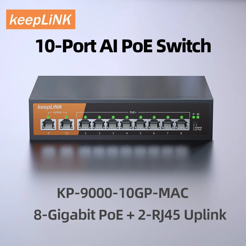 KeepLiNK 10-Port Gigabit Switch with 8-PoE and 2-RJ45 for Uplink Unmanaged Plug and Play 