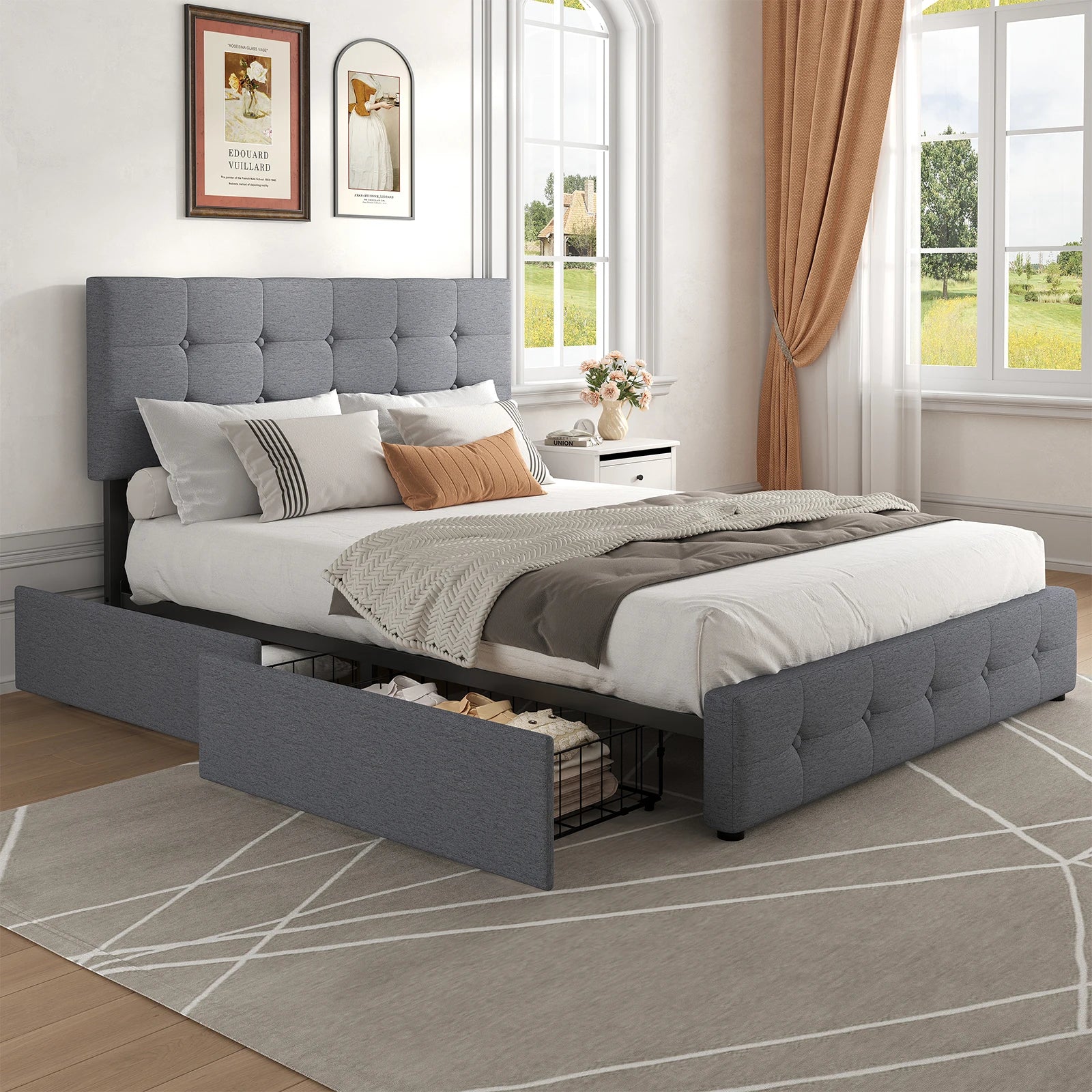 Upholstered Bed Frame with 4 Drawers & Adjustable Headboard