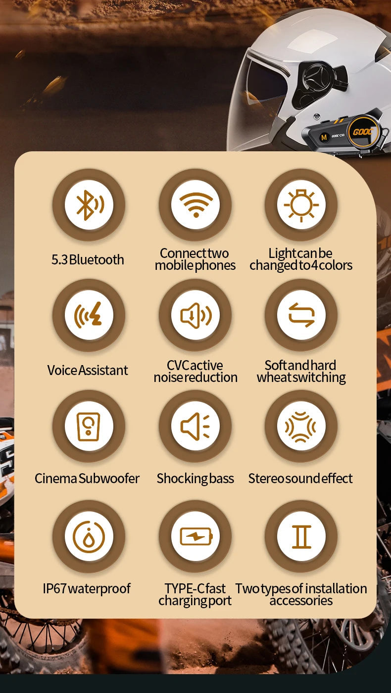 3D Surround Heavy Bass Motorcycle Helmet Headset Stereo Bluetooth Hands Free Call IPX7 Waterproof With Tri-Color Ambient Light 