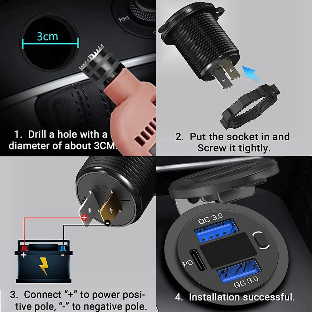 60W PD QC 3.0 USB Charger Digital Voltmeter Switch Power Outlet Adapter Waterproof Car Accessories 12V 24V Car Truck Motorcycle