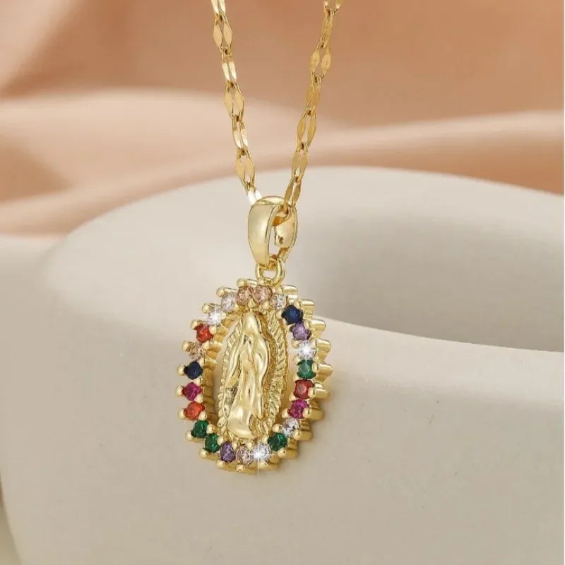 European and American Fashion and Gorgeous Women's All Sky Star Micro Inlaid Colorful Zircon Virgin Mary Hollow Necklace 
