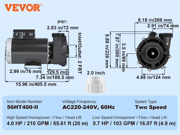 SucceBuy 2 Ταχύτητα SPA Αντλία 48/56-Πλαίσιο AC110-120V SPA Αντλία 1.5HP/3HP/4HP Υψηλή Ταχύτητα Διάμετρος 2'' Θέση 90° Περιστροφικό Διασύνδεση για υδρομασάζ