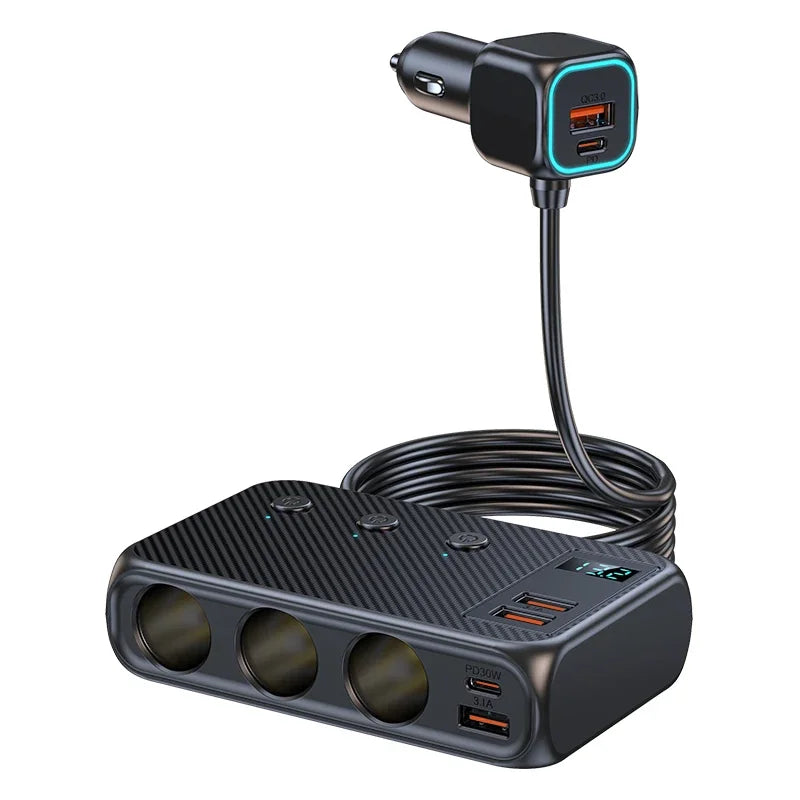 228W Car Charger Adapter 9 in 1 PD 3 Socket Cigarette Lighter Splitter Charge Independent Switches 12V 24V Fast Charger