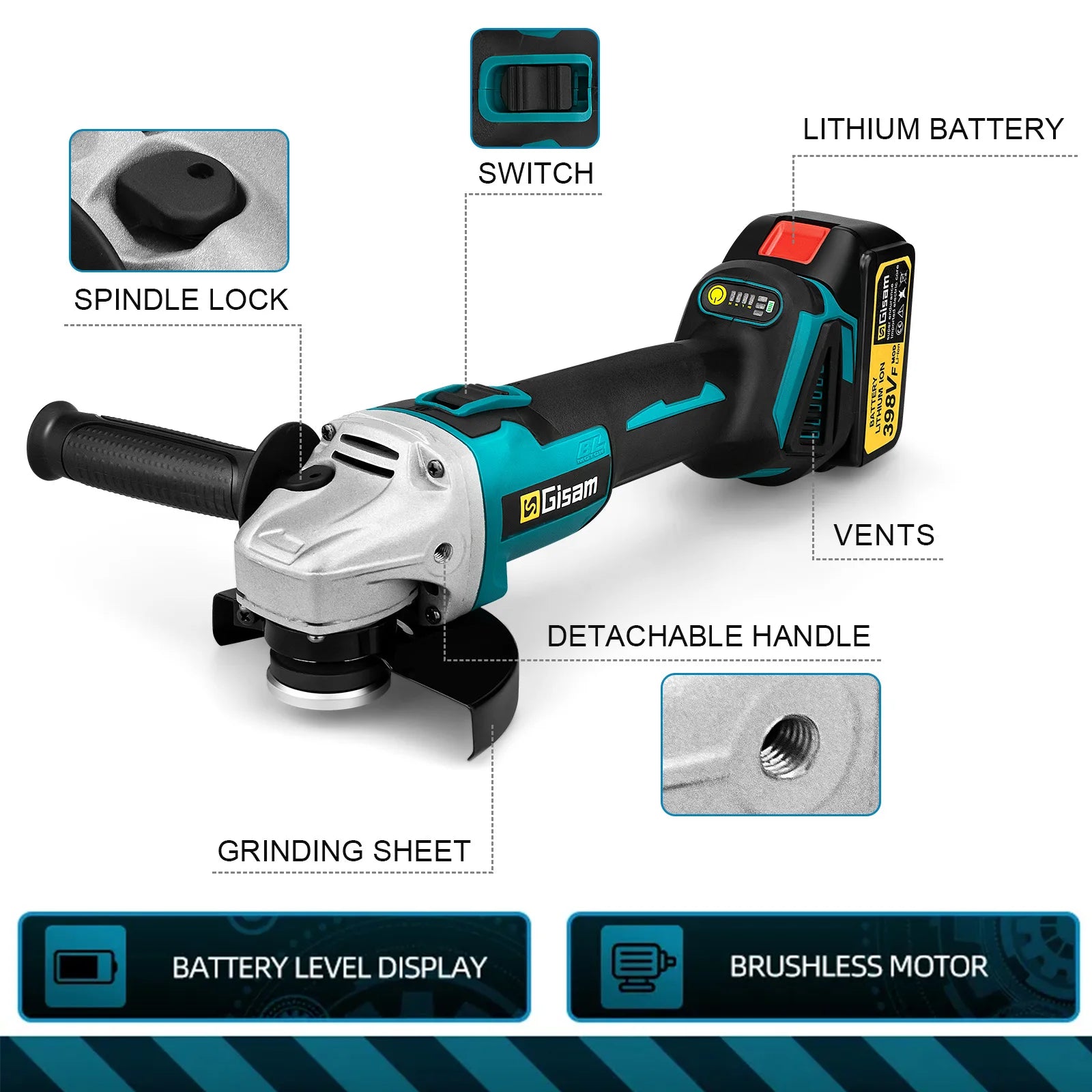 Gisam 125mm M14 Brushless Angle Grinder Cutting Machine Cordless Electric Angle Grinder Power Tools for Makita 18V Battery Pins