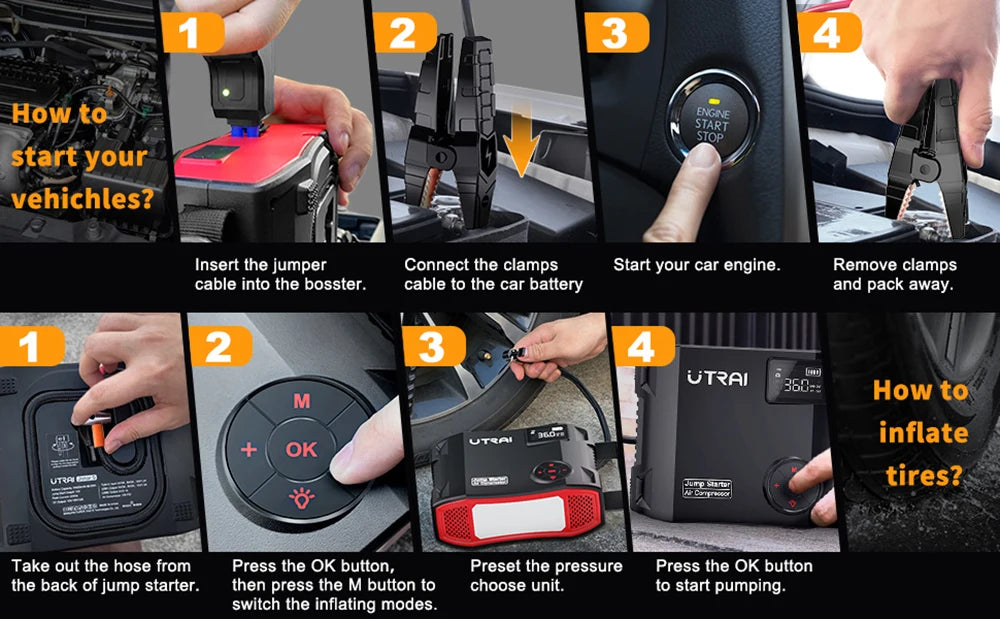 UTRAI 4‑w‑1 rozruchowy power bank z kompresorem powietrza