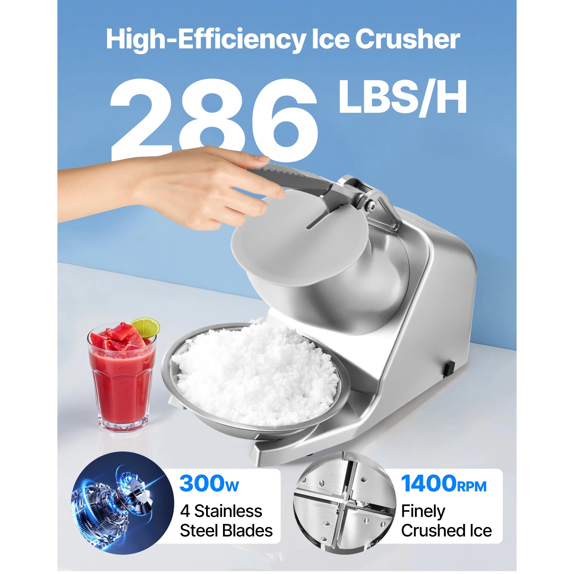 Electric Ice Crusher Machine with Bowl & Cover, 3KG/Min Shaved Ice