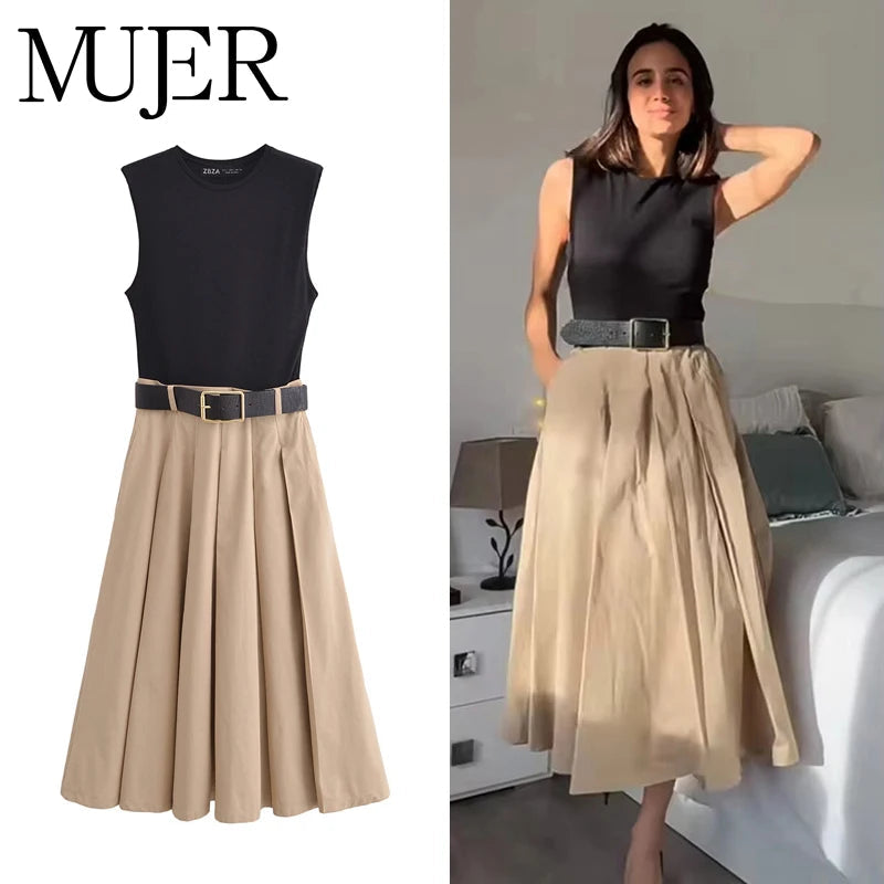 MUJER 2025 Woman Dresses Belt Pleated Midi Dress Women Sleeveless Summer Dress Woman Knitted Party Dresses for Women Sundress 