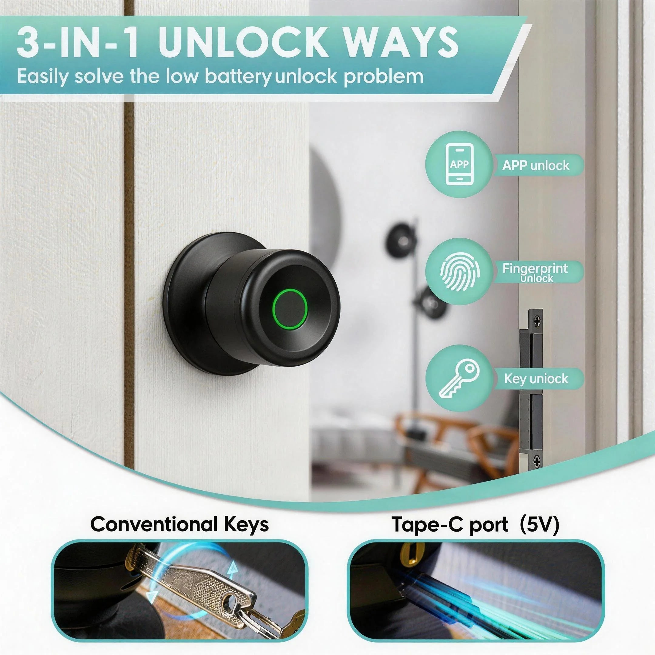 Smart Fingerprint Door Knob Lock with App Control
