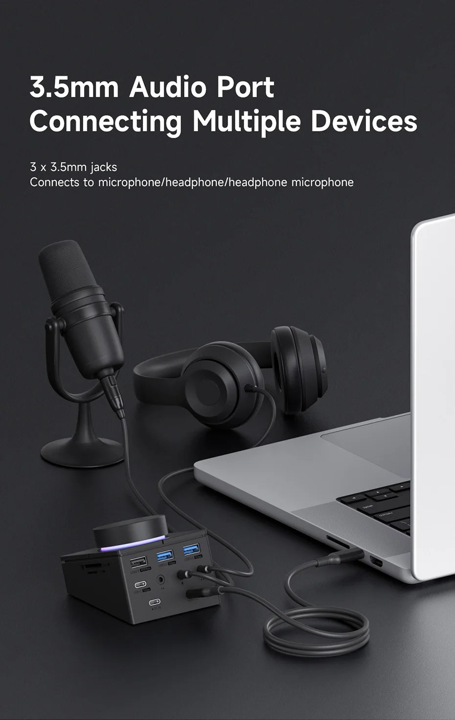 USB-C stolní hub s nastavitelným objímkou hlasitosti
