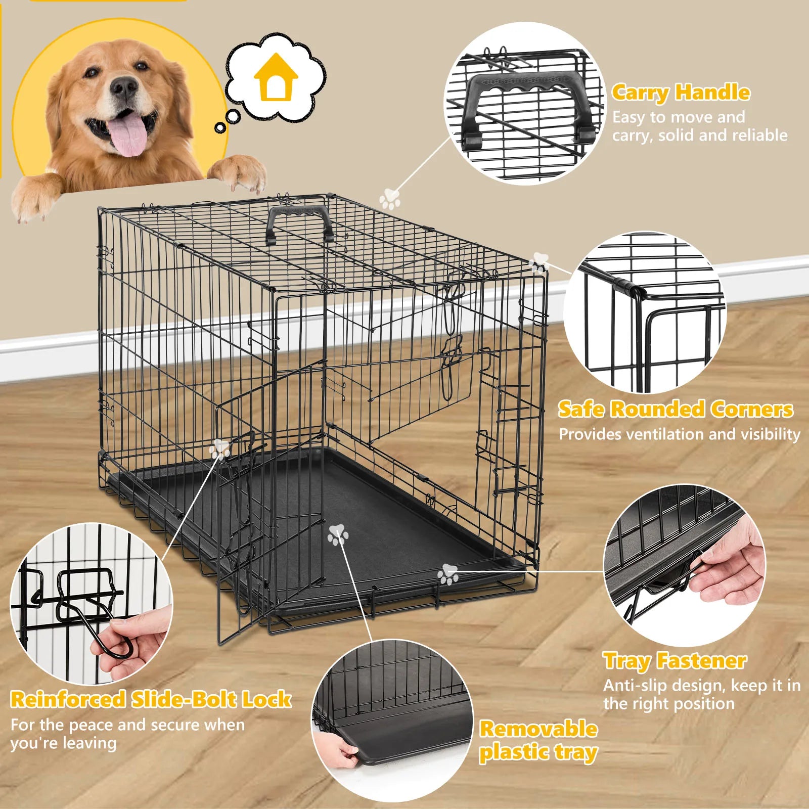 48 Inch Folding Metal Dog Crate with Double Doors & Leak-Proof Tray
