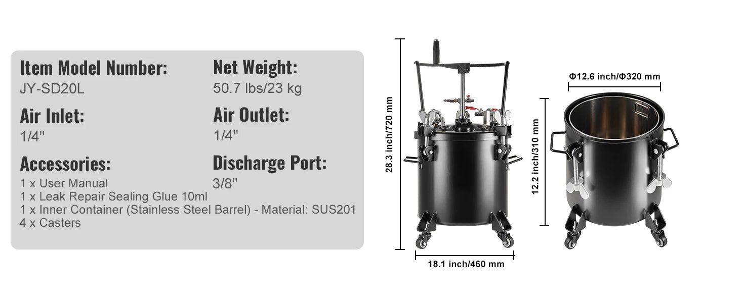 15L Tabancalı ve Ayarlanabilir 60 PSI Basınçlı Sprey Boya Tankı