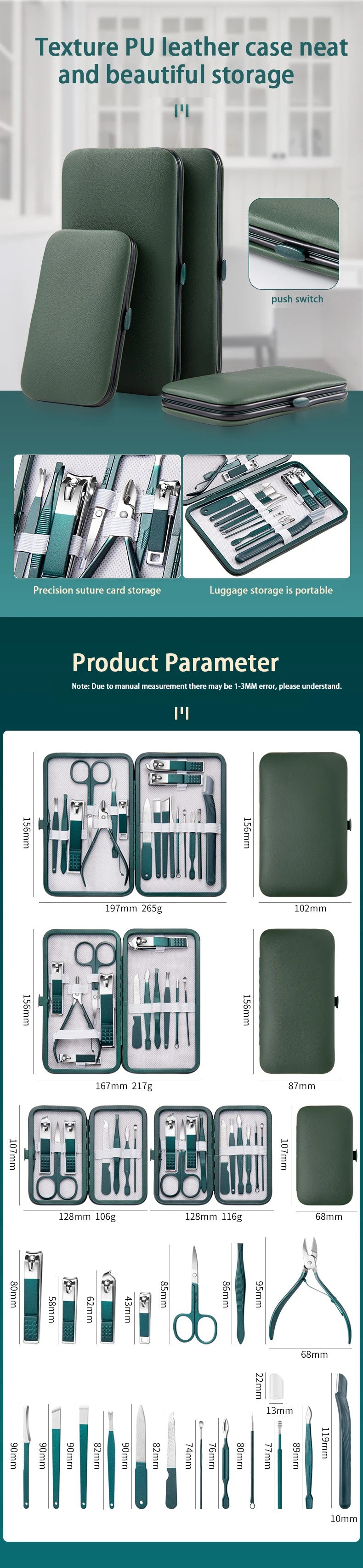 Green Manicure Set with Leather Case