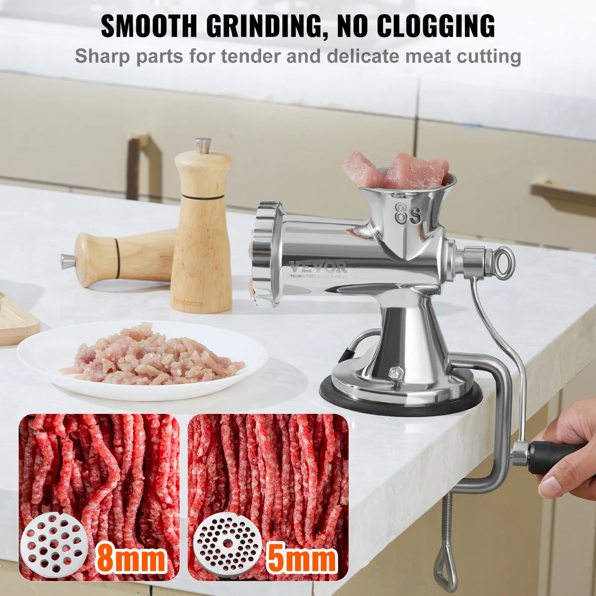 Molino de carne de acero inoxidable manual con base de succión y abrazadera