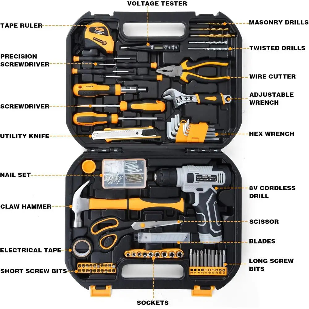 180-Piece Tool Kit with 8V Cordless Drill for Home Repairs