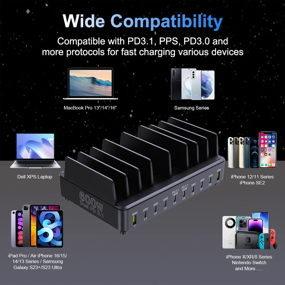 600W 10-Port GaN Fast Charging Station PD 3.1 USB-C Desktop Charger