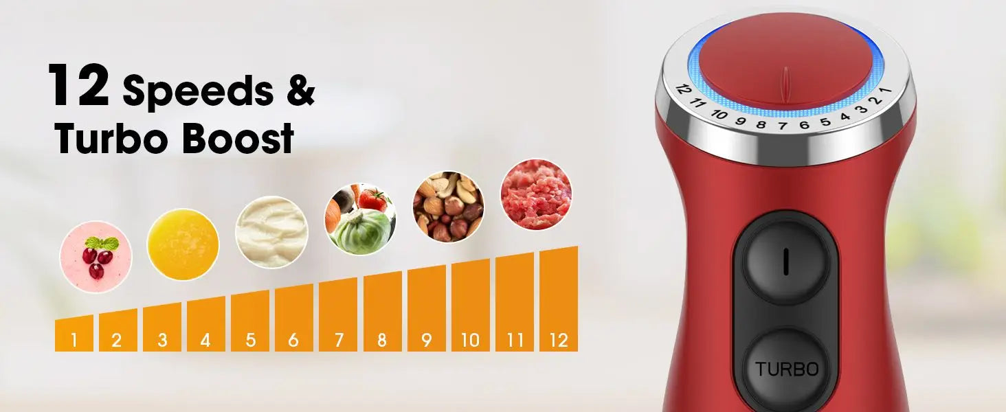 5-in-1 Hand Immersion Blender, 1000W 12 Speed Handheld Blender, Copper Motor Stainless Steel Blade Stick Blender,600ml Mixing Beaker,500ml Food Processor, Whisk, Milk Frother, BPA-Free, Red