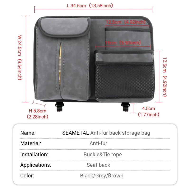 SEAMETAL Car Seat Back Storage Bag Premium Suede Car Organizer Multi-Pocket Storage Pocket Hanging Back Seat Auto Tissue Holder